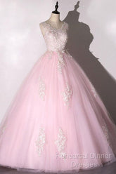 Ball Gown Pink V-Neck Semi Formal Prom Dress Tulle Applique Long Evening Dress